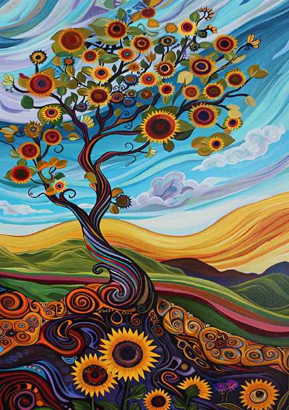 Whimsical sunflower tree art | Metal Poster