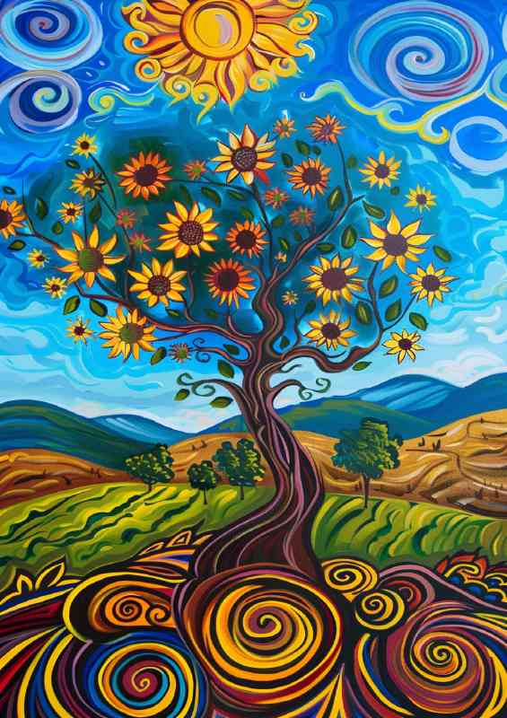 Whimsical tree surrounded by hills | Poster