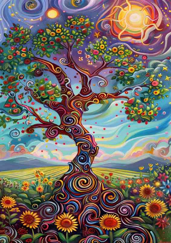 Whimsical tree with swirling branches sunflowers | Metal Poster