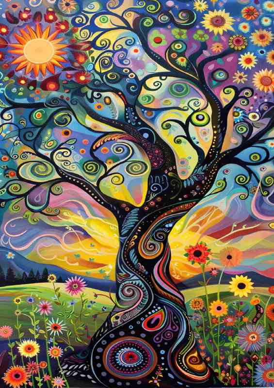 Whimsical tree with swirling branches sunflowers And sun | Metal Poster
