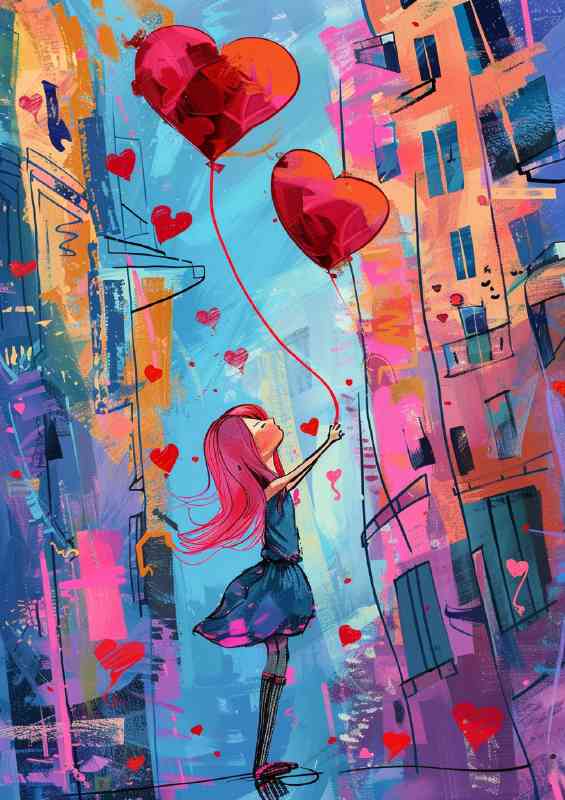 Girl holding ballon in the city | Metal Poster