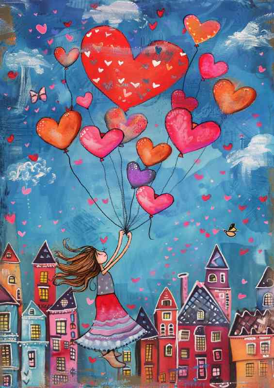 Whimsical and colorful girl flying | Metal Poster