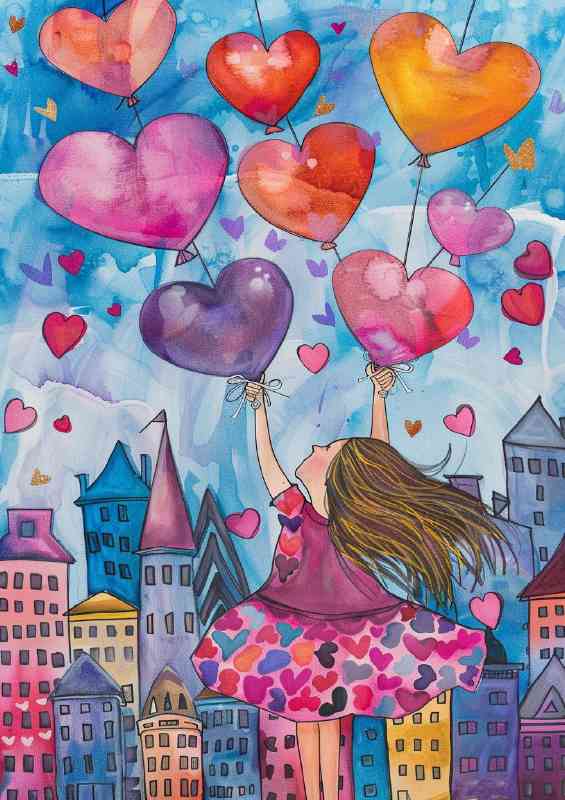 Wimsical girl in the city with hearts | Canvas