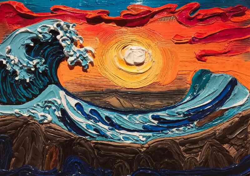 Giant painted waves in the ocean with the bright sun | Poster