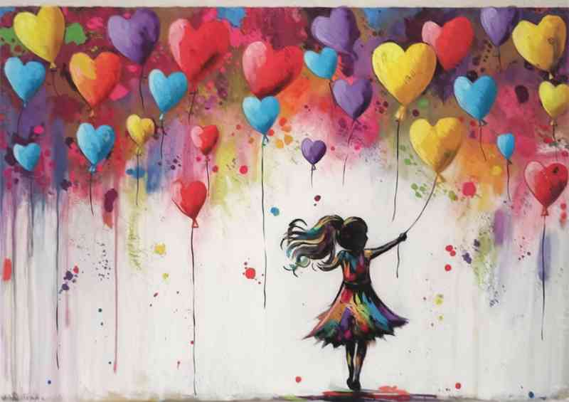 Vibrant and colorful painting of a silhouette love balloons | Metal Poster