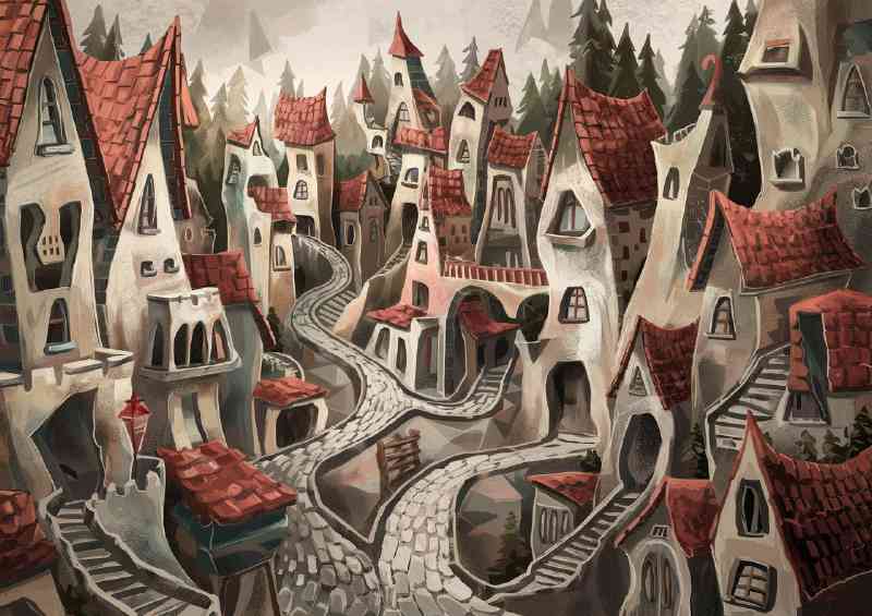 Whimsical town flowing paths | Metal Poster