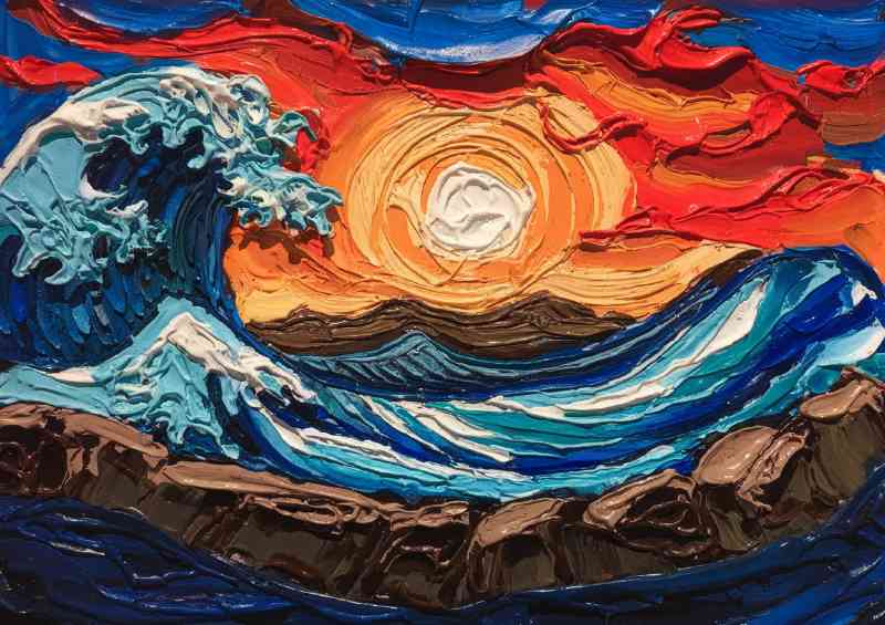 waves painted with the orange sun pallet knife art | Metal Poster