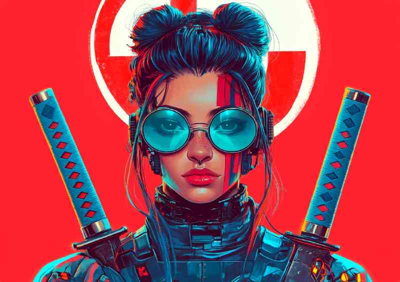 A beautiful cyberpunk samurai woman blue glasses | Canvas