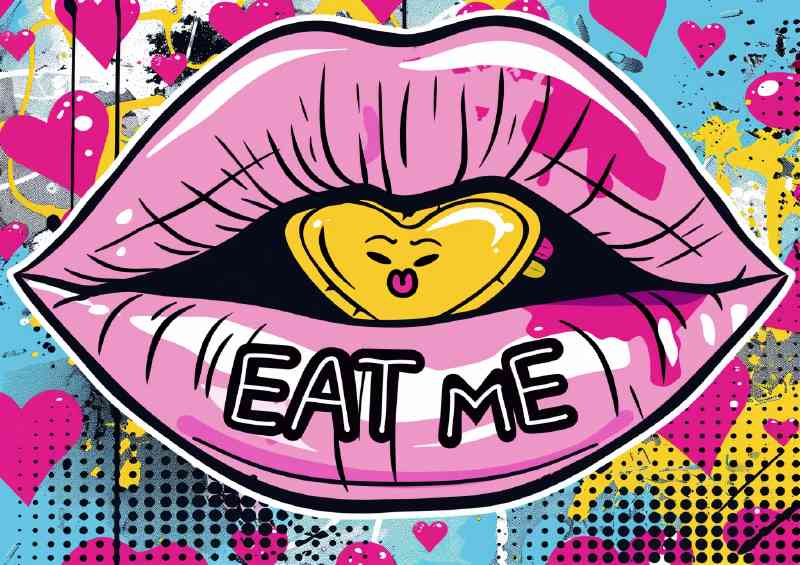 A pop art style cartoon of pink lips with EAT ME | Canvas