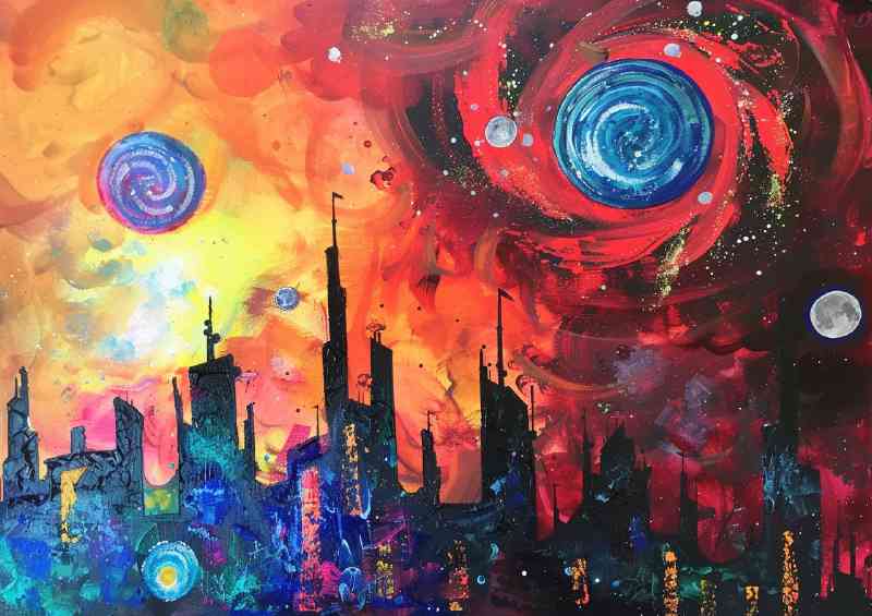 Abstract village with tall buildings | Metal Poster