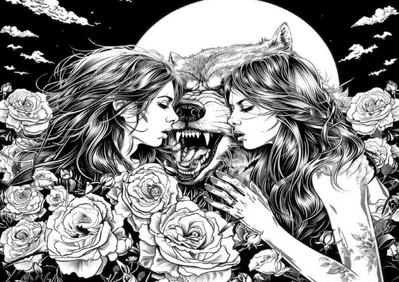 Black and white inked wolf and ladys | Canvas