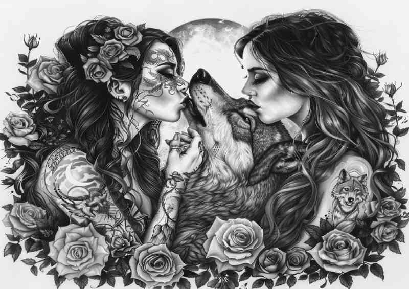 Black and white ladys inked wolf with roses | Poster