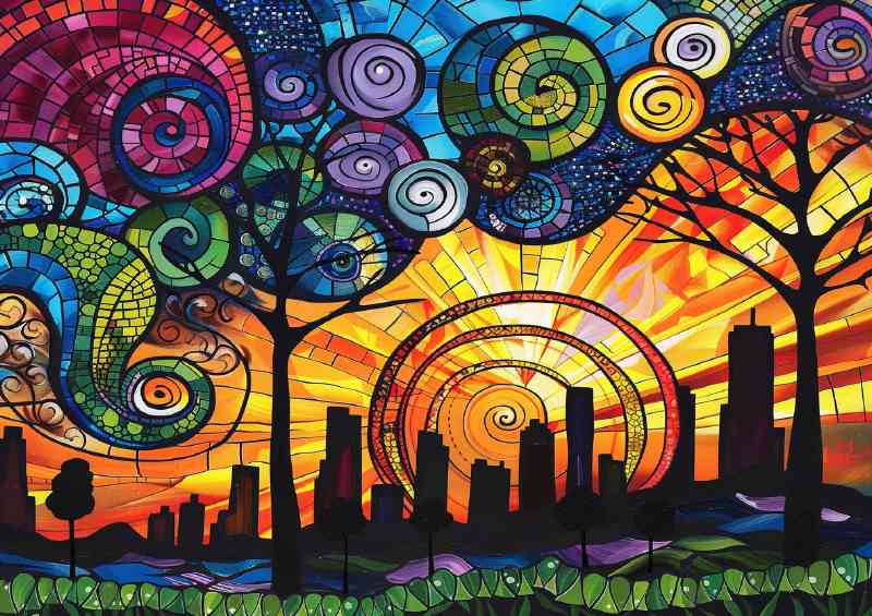 City skyline at sunset with tall buildings | Metal Poster