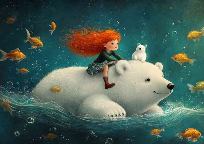 Cute polar bear swimming with fish and red haird girl on back | Metal Poster