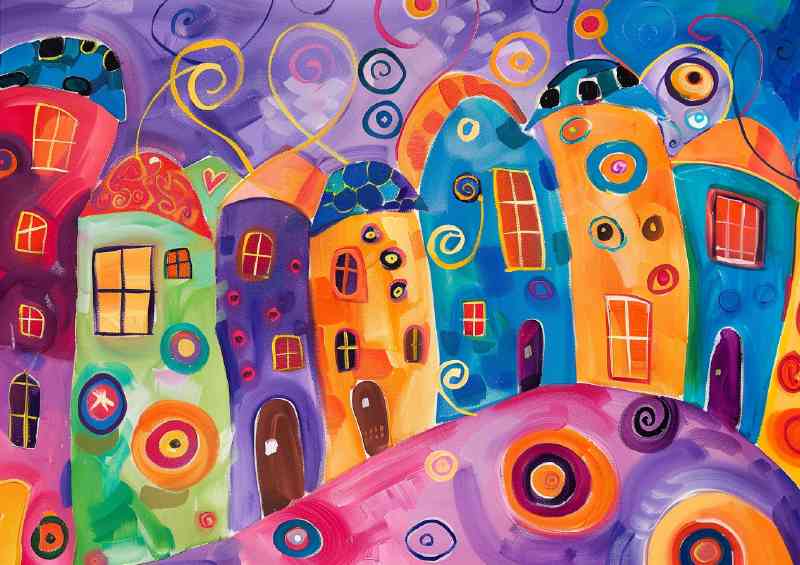 Idylic painted village on the hil | Metal Poster