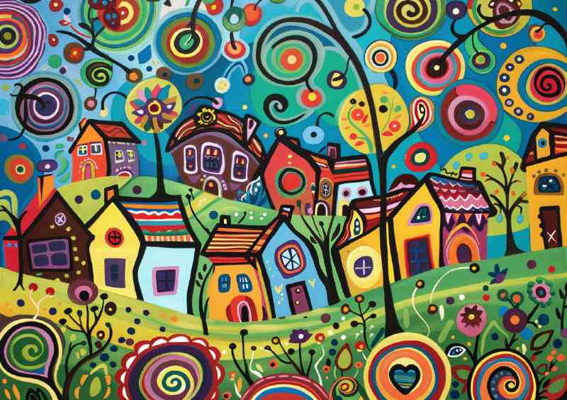 Idyllic town and painted swirls for trees | Poster