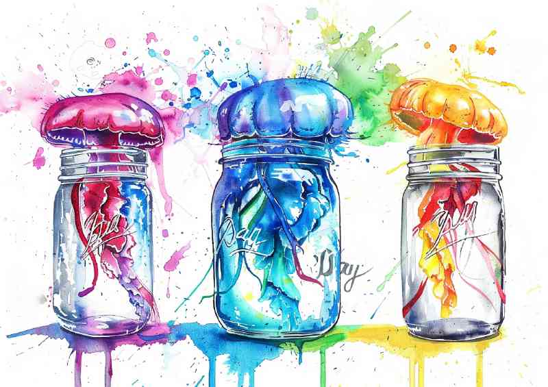 Mason jars colourful jellyfish | Poster