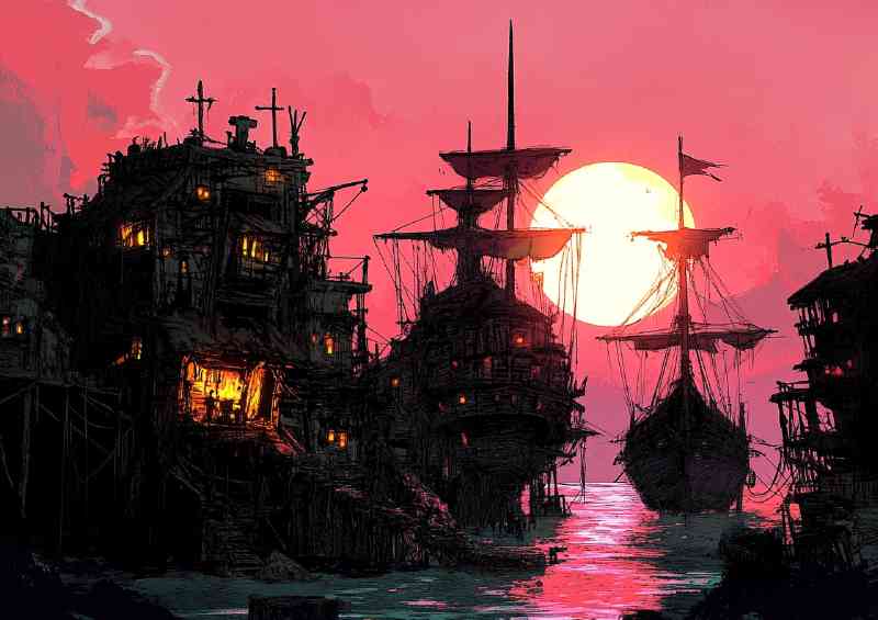 Pink sunset pirate ship docking | Metal Poster