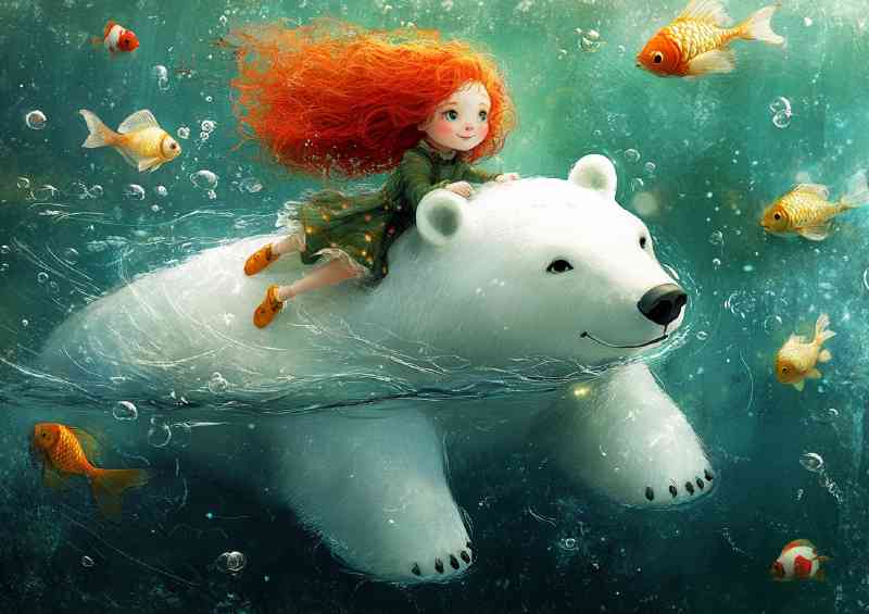 Polar bear swimming with red haird girl | Poster