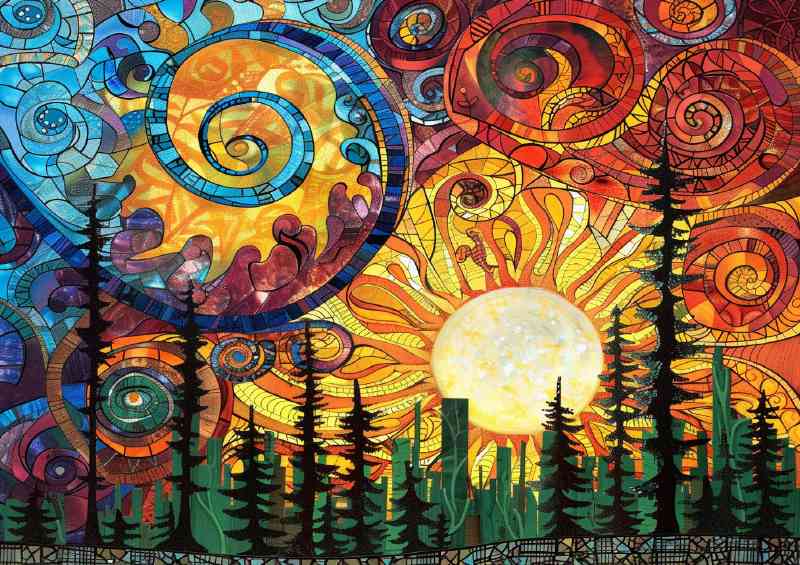 Sunset in the sky with green tall trees | Metal Poster