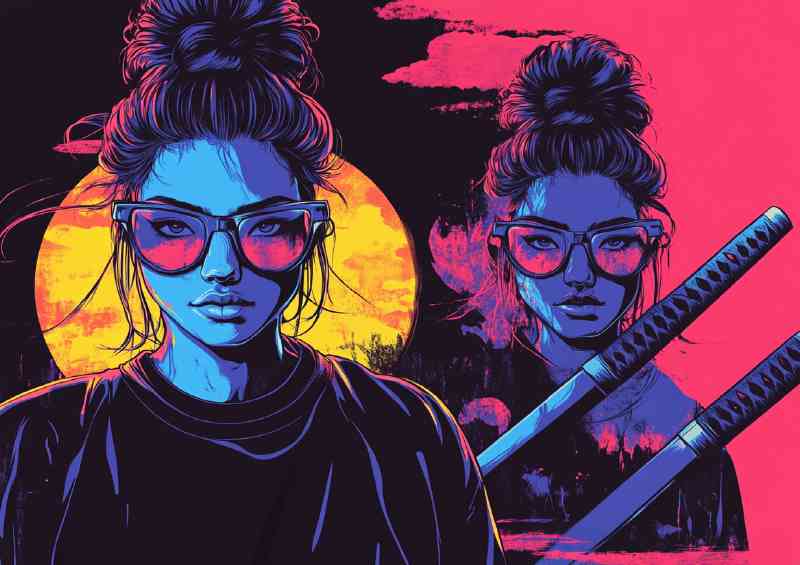 Two lady samurai with swords vector | Metal Poster