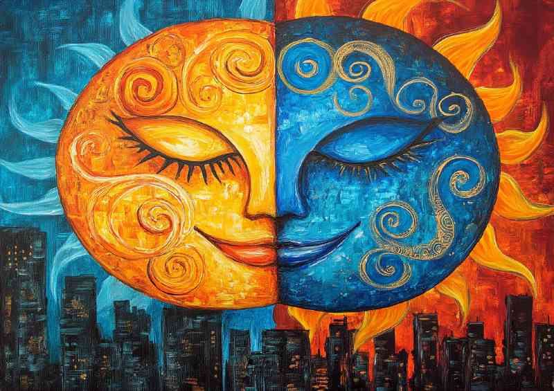 Two suns orange and blue with swirls | Metal Poster