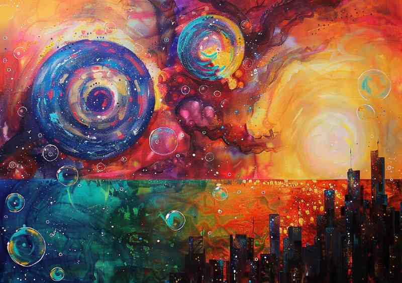 Village with tall building in a abstract painting | Metal Poster