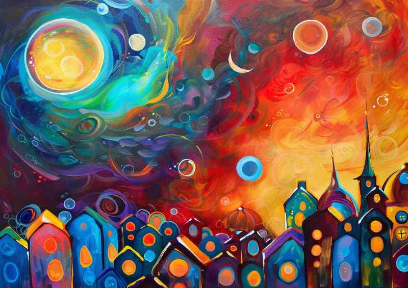Village with tall buildings and high sun | Canvas