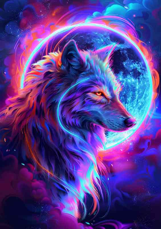 A mystical wolf under the neon style moon | Canvas