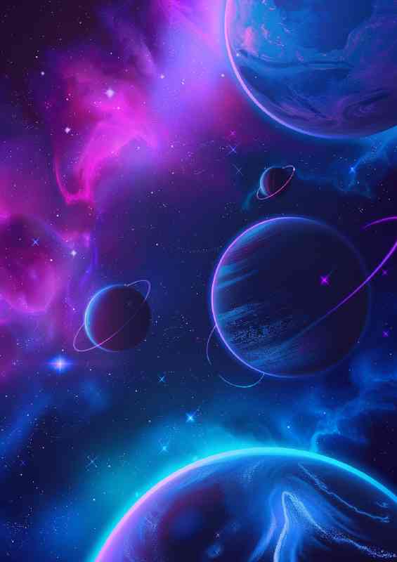 Blue and purple planets and stars in the style of neon | Di-Bond
