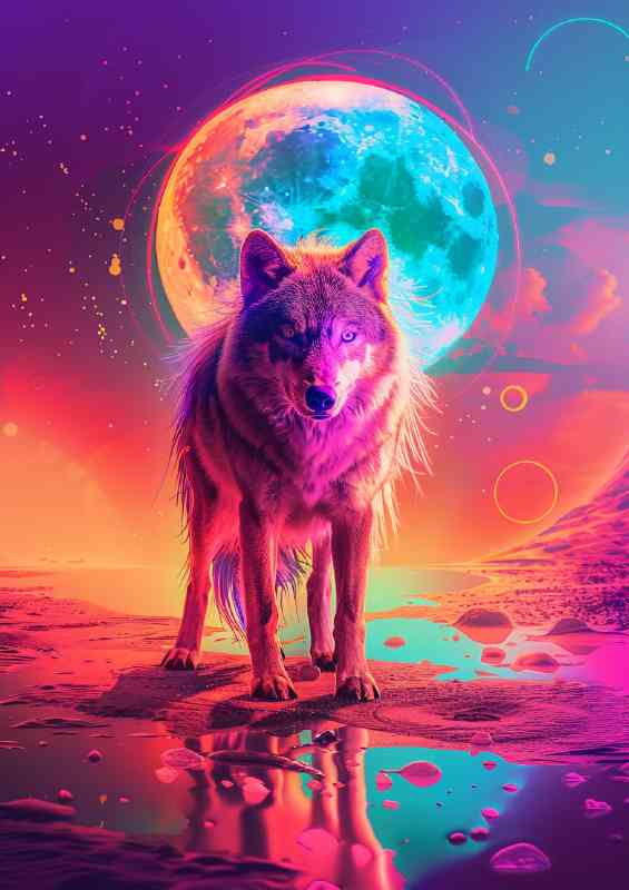 Neon style wolf in the desert | Metal Poster
