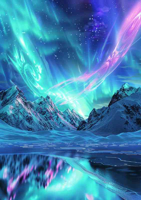 Northern Lights Over Snow Capped Mountains | Metal Poster