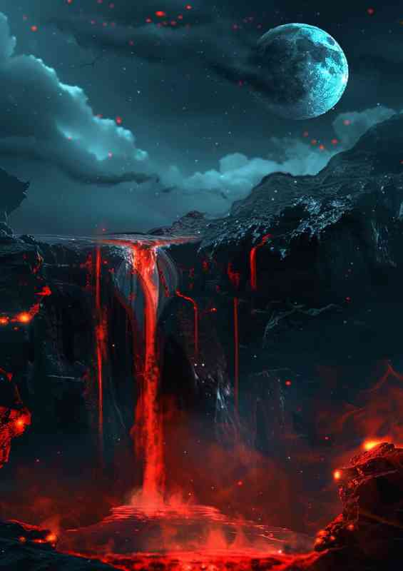 Planet with red glowing lava waterfalls | Metal Poster