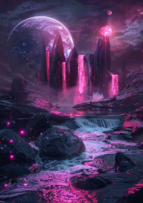 Planet with_red and pink neon waterfalls | Poster