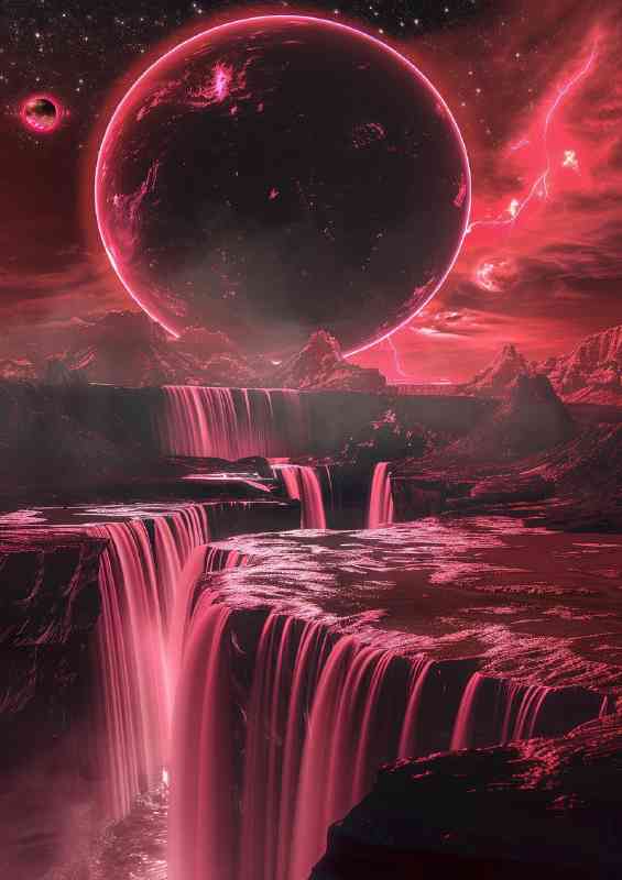 Red and pink waterfall with full moon | Poster