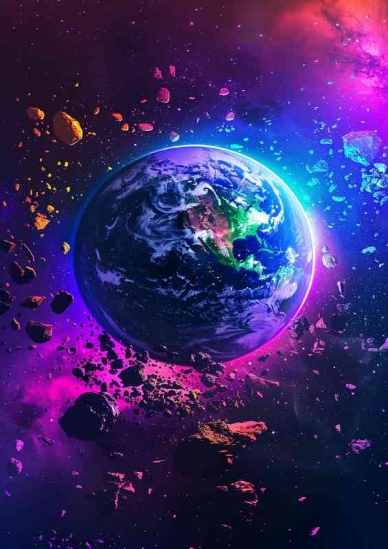 The planet Earth is surrounded by colorful neon light | Metal Poster