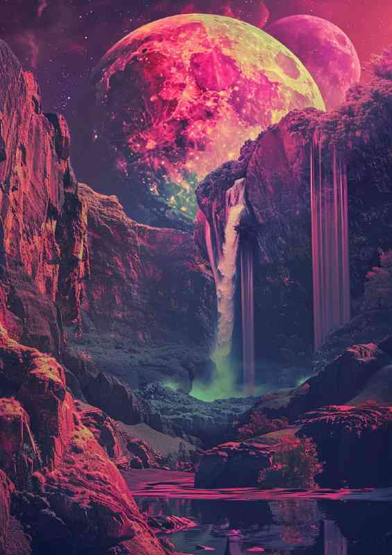 Waterfalls with the red planet in background | Poster
