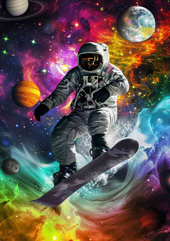 snowboarder in an astronaut suit is surfing | Poster