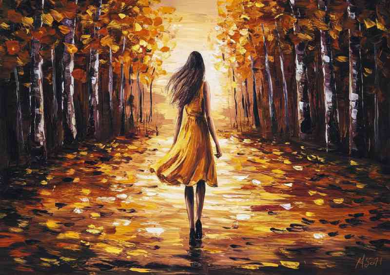 Pallet knife painting woman walking in autumn | Di-Bond