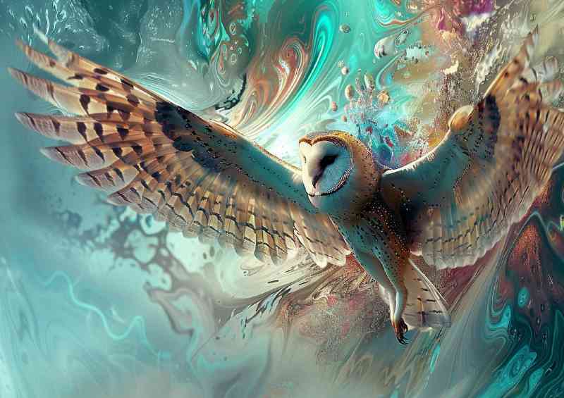 Owl with transparent wings is flying through the waves | Poster