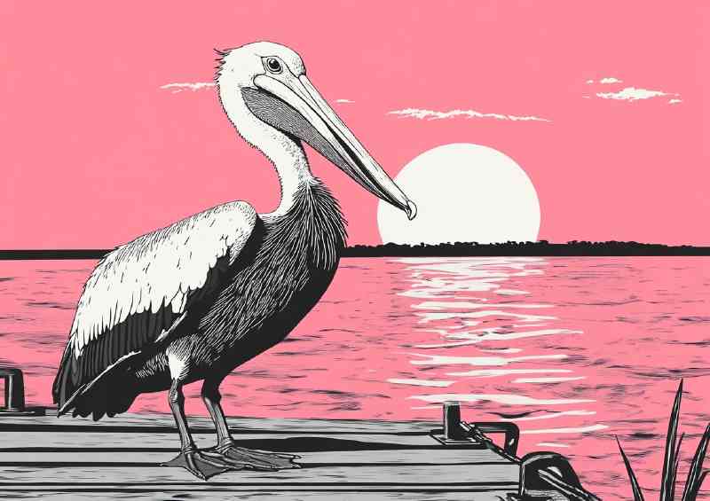 Pelican on a wooden dock pink sky | Metal Poster