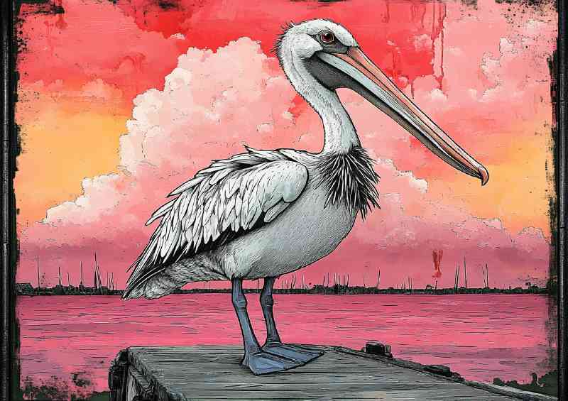 Pelican standing on the old wooden dock | Poster