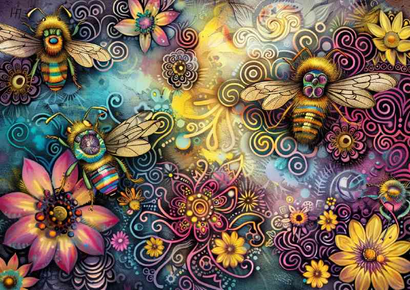 Bees happy cartoon flowers style | Di-Bond