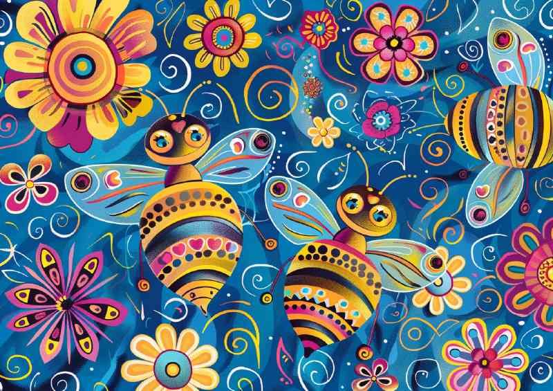 Cartoon happy bees flying | Metal Poster