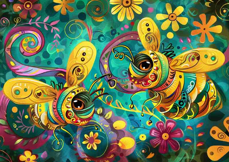 Cartoon happy bees flying around the flowers | Metal Poster