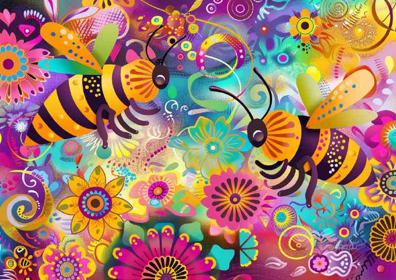 Cartoon style happy bees | Metal Poster