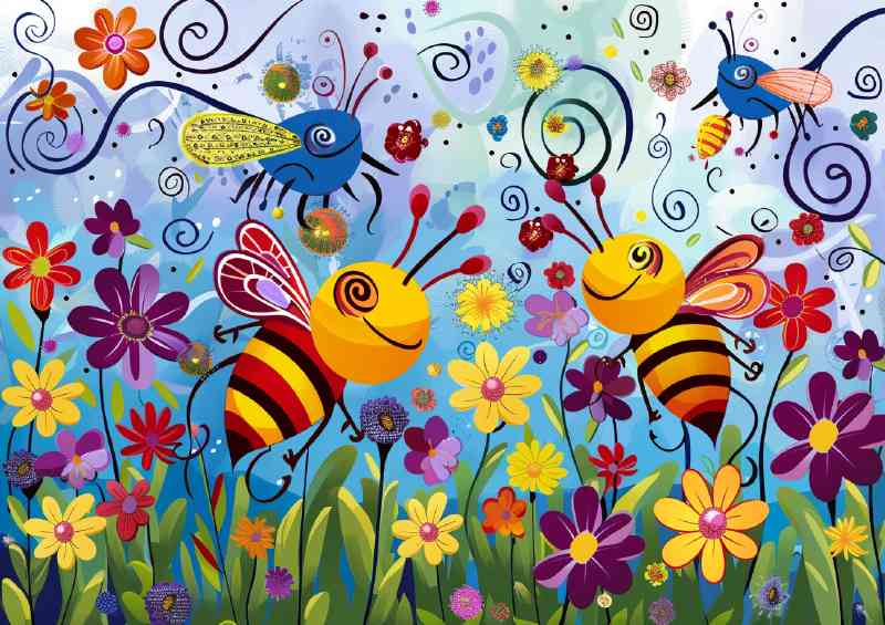 Colourful cartoon happy bees in flowers | Poster