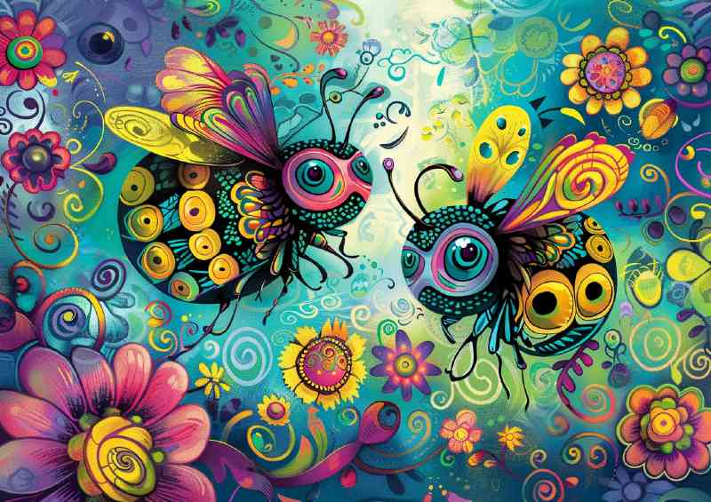 Colourful whimsical happy bees | Metal Poster