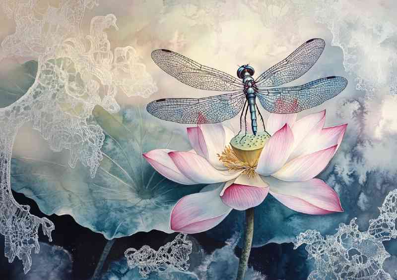 Delicate Dragonfly on a lilly | Metal Poster