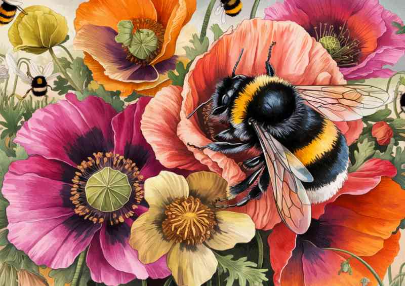 Detailed illustration of various flowers and a bee | Metal Poster